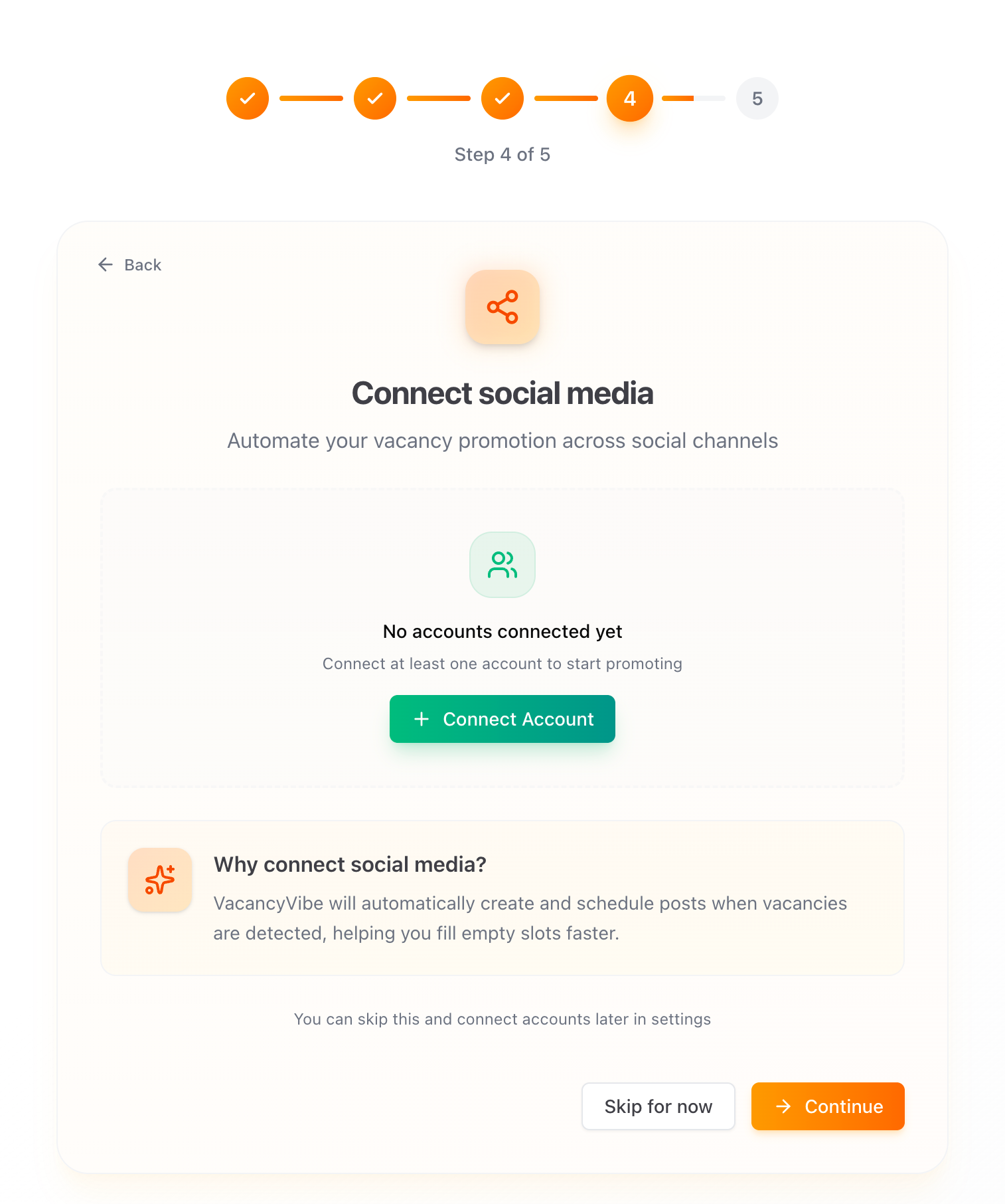 Social media setup screen